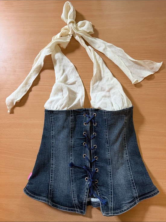 Ungaro Fever Tops - Ungaro Fever Cream Halter with Dark Blue Denim Corset